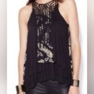 Vintage Free People Black/Sand Tribal Swing Tank w/ Macrame & Fringe S